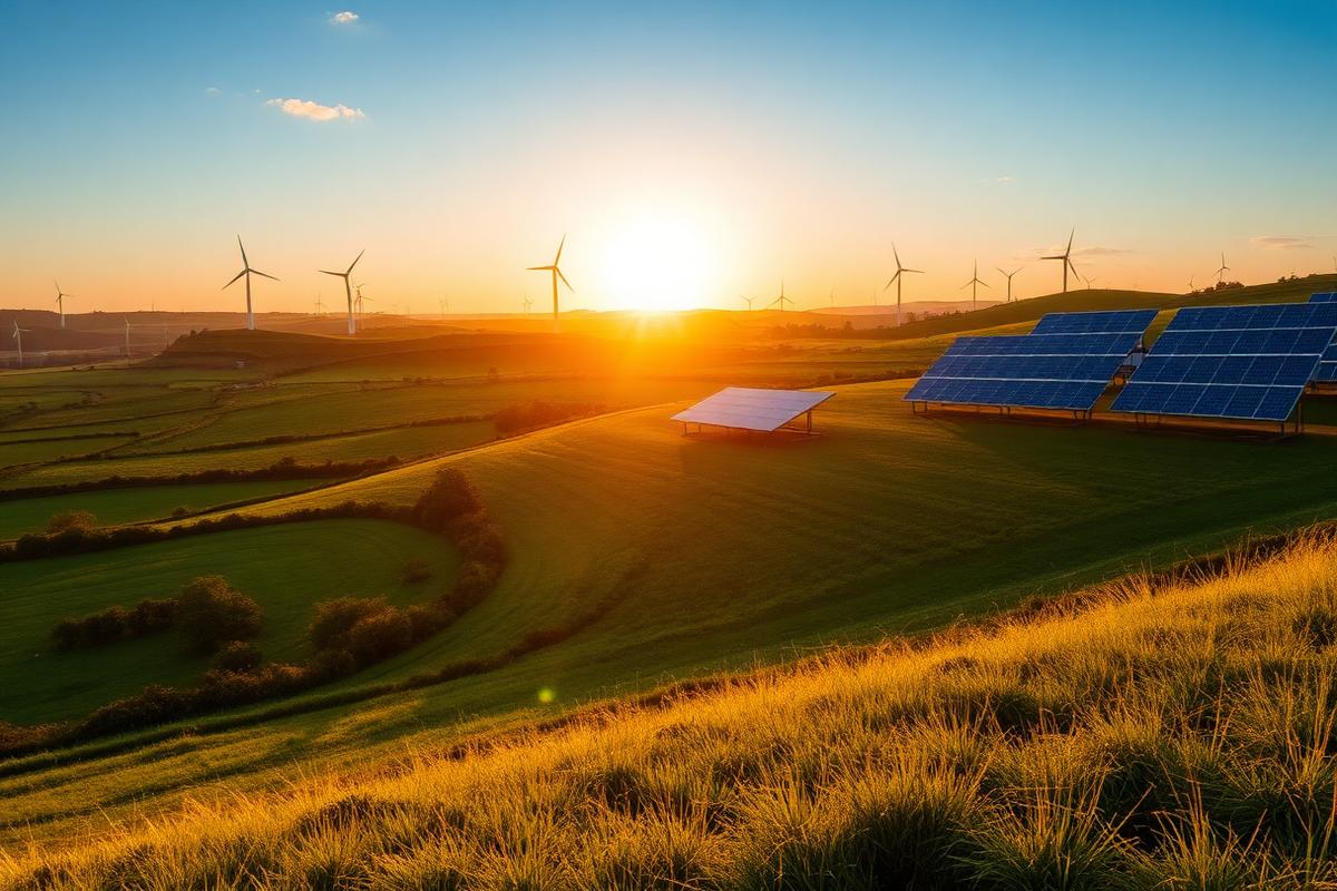 Wind turbines and solar panels across green countryside at sunset