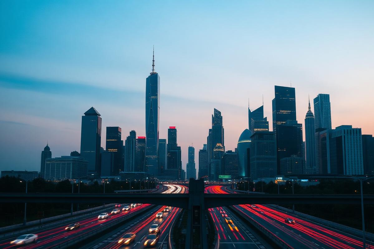 City skyline at dusk with highway traffic light trails